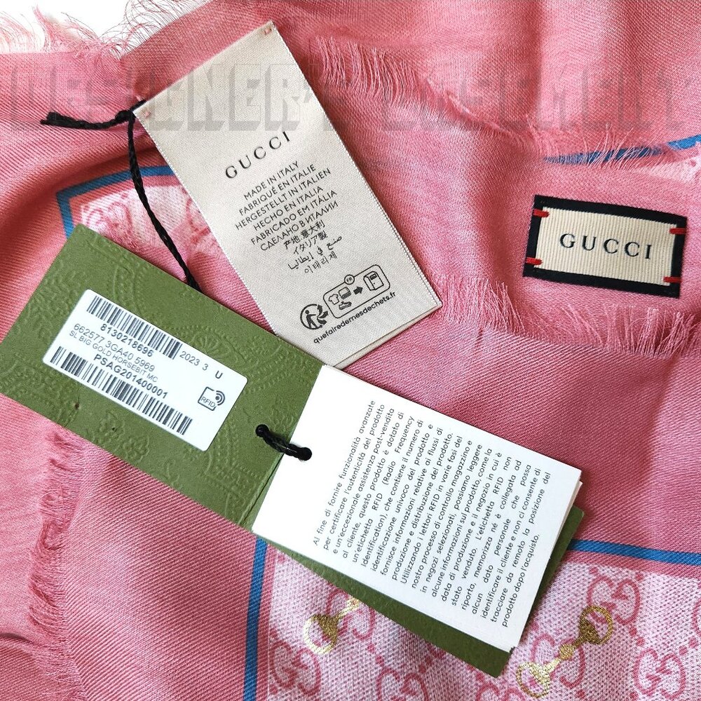 GUCCI pink GG with gold Horsebits print giant 53" - square modal/silk scarf NWT - Picture 3 of 10